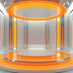 Futuristic Mecha Style Round Stage with Bright Orange and White Design, Orange Metallic Material, Transparent Mecha Elements, Empty Visualizer for Commercial Products