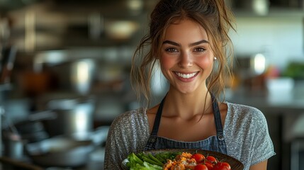 Woman smiles holding salad in kitchen