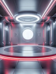 Futuristic Sci-Fi Circular Display Stage with High-End Technological Elements, White Light Effects, and Geometric Glass Shapes in Lab Style