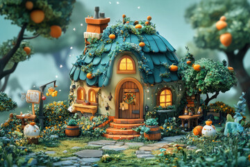 Charming cottage surrounded by lush greenery and ripe orange trees during a serene afternoon