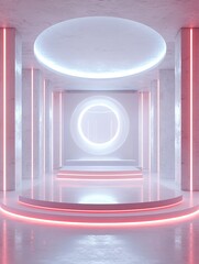 Futuristic Sci-Fi Circular Display Stage with High-End Technological Elements, White Light Effects, and Geometric Glass Shapes in Lab Style