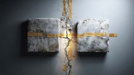 Damaged Concrete Blocks Repaired with Gold Tape Crack Repair Abstract Background
