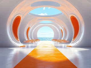 Central Orange Runway with Futuristic Technology Surrounded by Auditoriums in Circular Building, Blue Sky Visible, Advanced Tech Color Scheme, 3D Rendering using OC Renderer and Blender
