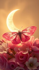 Mobile wallpaper,  a pink butterfly perched atop a bouquet of roses against a crescent moon backdrop