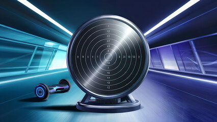 A scanner or speaker-like device sits in a futuristic tunnel. The image may be useful to illustrate innovation in technology or data processing.