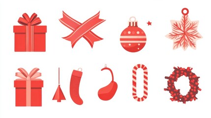 Obraz premium Ribbon vector icon set red color on white background. Banner isolated shapes illustration of gift and accessory. Christmas sticker and decoration for app and web. Label, badge and borders collection.
