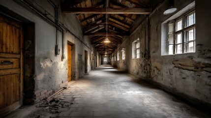Long Abandoned Corridor in Old BuildingDecaying Walls and Wooden Doors