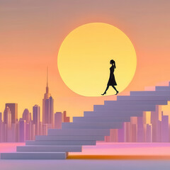 Woman Walking Up Steps Against City Skyline at Sunset Glow