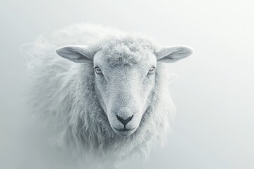 Fototapeta premium Serene white sheep portrait, foggy background, peaceful farm animal, ideal for nature or agriculture themes