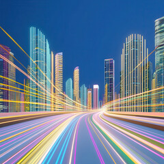 Fototapeta premium Vibrant City Skyline at Night with Dynamic Light Trails in Motion