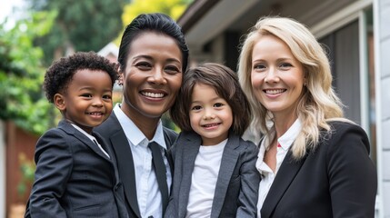 Obraz premium Joyful Group Portrait of Diverse Adults and Children Smiling Together in Casual Outdoor Setting