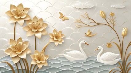 A serene 3D rendering depicts two elegant white swans gliding on a stylized wavy lake, surrounded by large golden lotus flowers and delicate golden foliage.