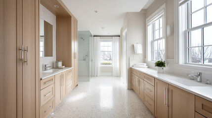 Bright airy bathroom designed with light wood cabinets and natural accents for calming modern elegance
