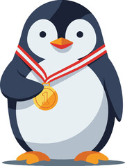Penguin cartoon illustration with gold medal for winning first place vector graphic design art