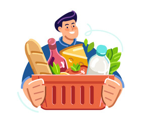 Happy buyer holding red shopping basket filled with various food products. Grocery store, shop flat design cartoon