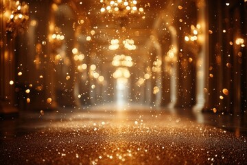 Glittery particles fall gently through the air in an elegant indoor space adorned with opulent chandeliers and warm lighting