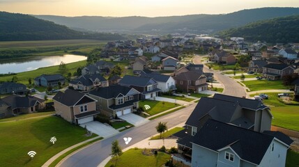 Scenic Residential Neighborhood with Modern Homes and Lush Green Landscape at Dawn