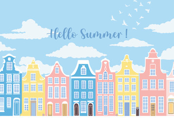 Naklejka premium Hello Summer Vector Illustration with Cute Colorful Houses