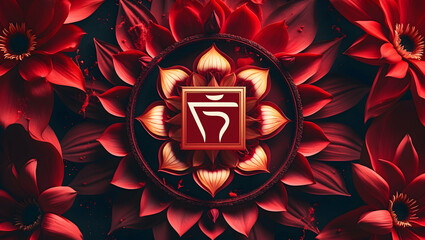 7 Chakras A centered composition showcasing the Root Chakra symbol with a square and inverted triangle, surrounded by an intricate mandala of lotus petals (1)
