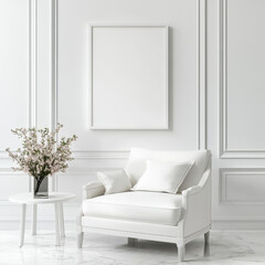 Elegant White Armchair in Minimalist Room with Floral Decoration