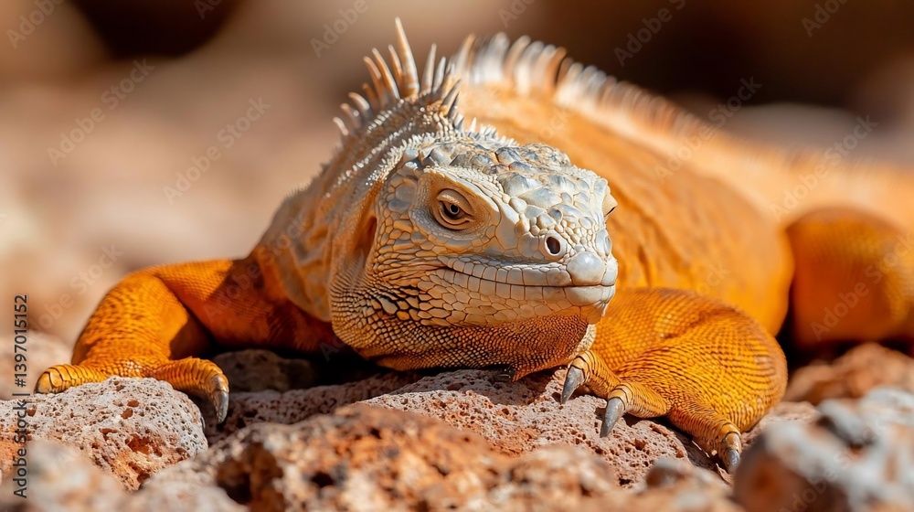 Poster close-up of a vibrant orange land iguana basking in the sun on rocky terrain. the reptile's textured