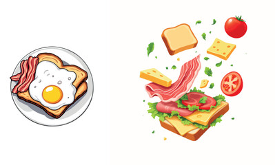 Vsai delicious toast with fried egg and bacon and exploding sandwich ingredients on white background