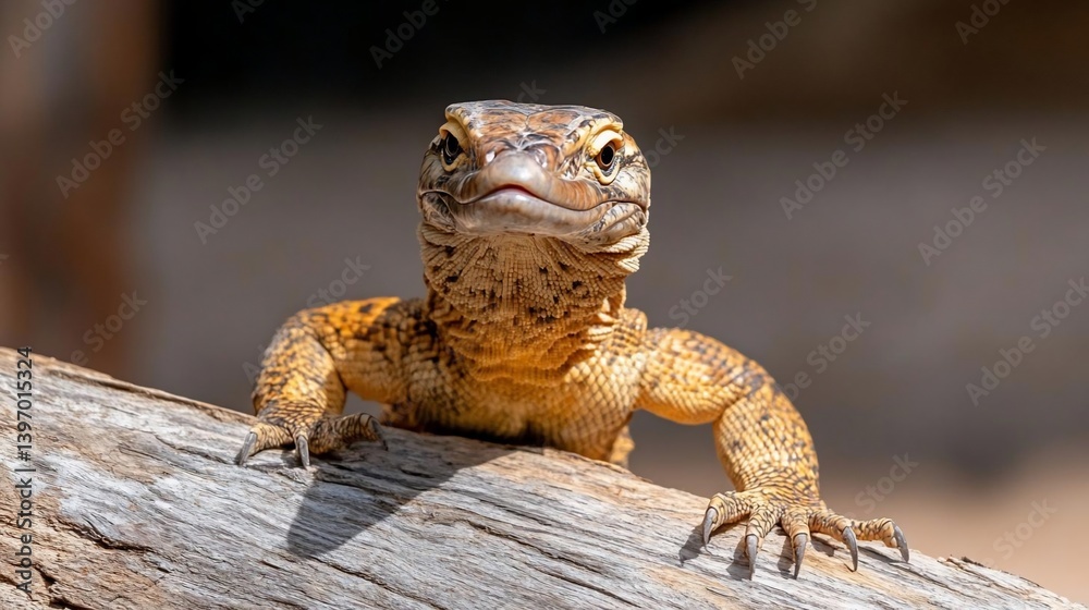 Poster close-up of a yellow and brown lizard perched on a weathered gray log, looking directly at the camer