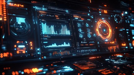 A digital interface displaying advanced data analytics and predictive models, with glowing graphs and holographic projections