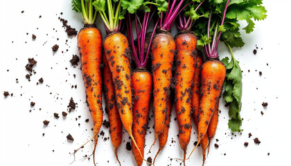 Fresh organic carrots, beets, and radishes with soil traces, clustered together.

