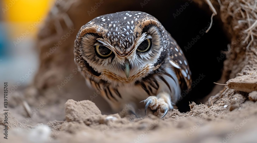 Poster close-up view of a small owl with dark eyes peering from a burrow. the owl is predominantly brown an