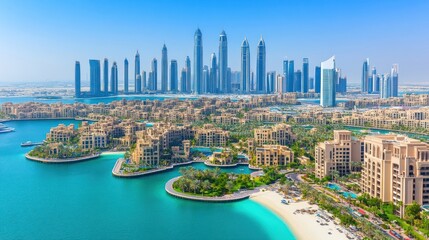 Naklejka premium Aerial View of Modern Dubai Skyline with Architectural Marvels and Beautiful Coastline under Clear Blue Sky