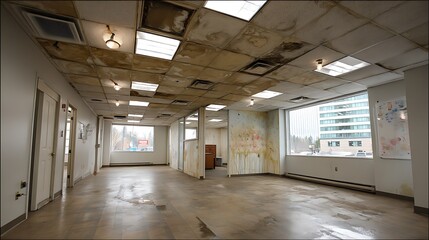 Abandoned Office Space Needs Renovation Water Damaged Ceiling Leaky Roof