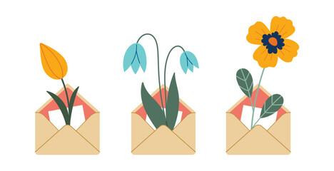 Envelope with flowers and herbs set. Hello spring concept. Summer Letter collection. Vector illustration, flat design. Flowers bouquet in envelope. Hand drawn trendy icon.