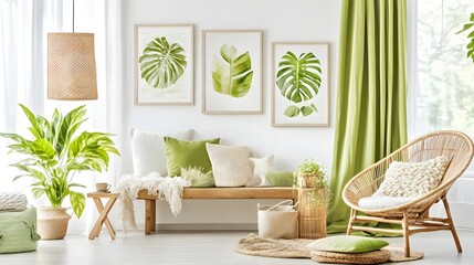 Bright and Airy Living Room with Wooden Floors and Green Accents