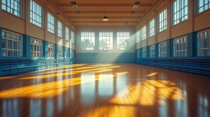 Sunny gym interior. Light streams through windows onto polished wood floor