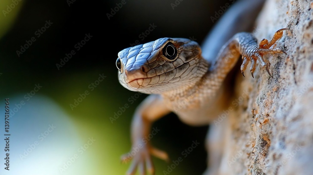 Aufkleber Close-up of a small lizard with bluish head clinging to a textured rock surface.  Soft background bokeh. Detailed texture visible on the lizard's skin and the rock