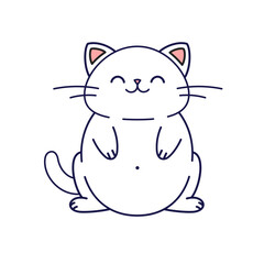 Cute happy fat cat is sitting like Buddah. Outline Cat in kawaii style. Hand drawn vector illustration. Line art cat mascot character. Coloring page