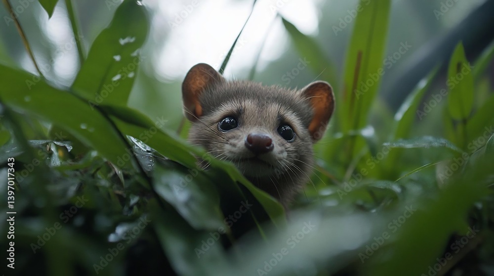 Poster close-up view of a small, brown mammal with large eyes peeking from lush green foliage. water drople