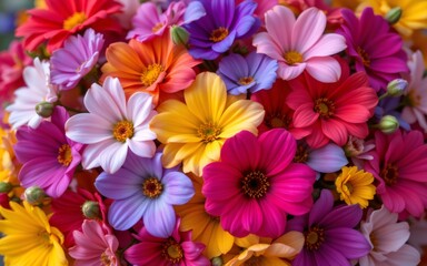 A vibrant bouquet of multi-colored flowers, featuring shades of pink, purple, yellow, and white blossoms