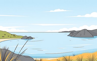 Naklejka premium 穏やかな湾の風景イラスト