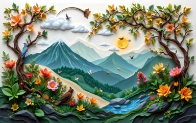 A vibrant, layered landscape featuring mountains, a flowing stream, diverse flowers, and colorful birds amidst a sunny sky