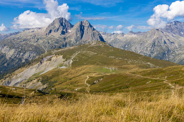 Fototapeta premium Mont Blanc, Monte Bianco mountain summit snow dome above the Chamonix valley in France. Highest peak in Europe in the Alps, alpine scenic view of Montblanc