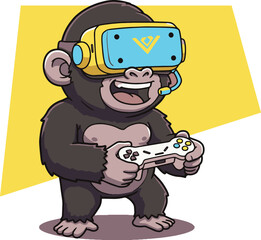 Cartoon gorilla vr gaming headset controller metaverse ape monkey virtual reality illustration fun