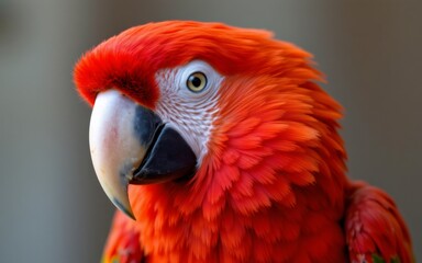 Obraz premium A close-up portrait of a vibrant red parrot showcasing its intricate feather details