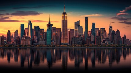 Fototapeta premium New York City skyline at sunrise, reflected in the water. Vibrant colors and tall buildings