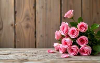 A bouquet of pink roses resting on a rustic wooden surface with a blurred wooden backdrop
