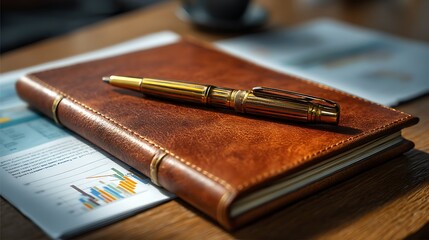 Elegant Brown Leather Notebook and Gold Pen on Desk with Financial Documents