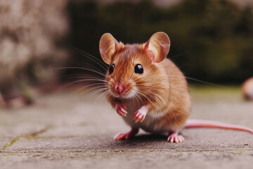 Cute brown mouse standing on concrete looking forward