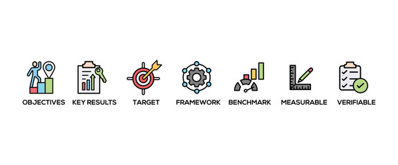 OKR banner web icon vector illustration concept for objectives and key results with icon of objective, key results, target, framework, benchmark, measurable, and verifiable