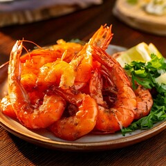 fried roasted shrimps in plate with lemon greens parsley garlic